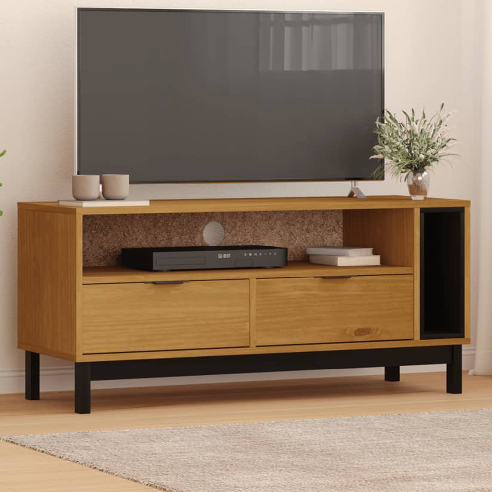 vidaXL Flam 2 Drawer Single Shelf Solid Wood Pine TV Cabinet Image 1