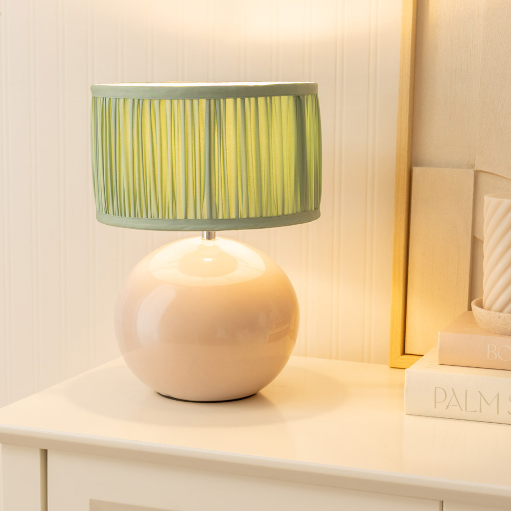ValueLights Bosco Ruched Pleated Green Drum Shade Stone Ceramic LED Table Lamp Image 2