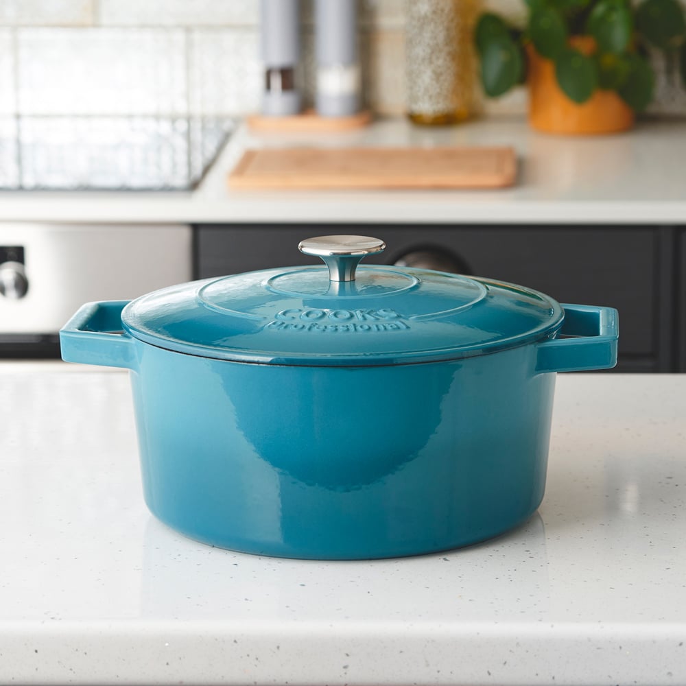 Cooks Professional 26cm Teal Cast Iron Casserole Dish with Lid Image 2