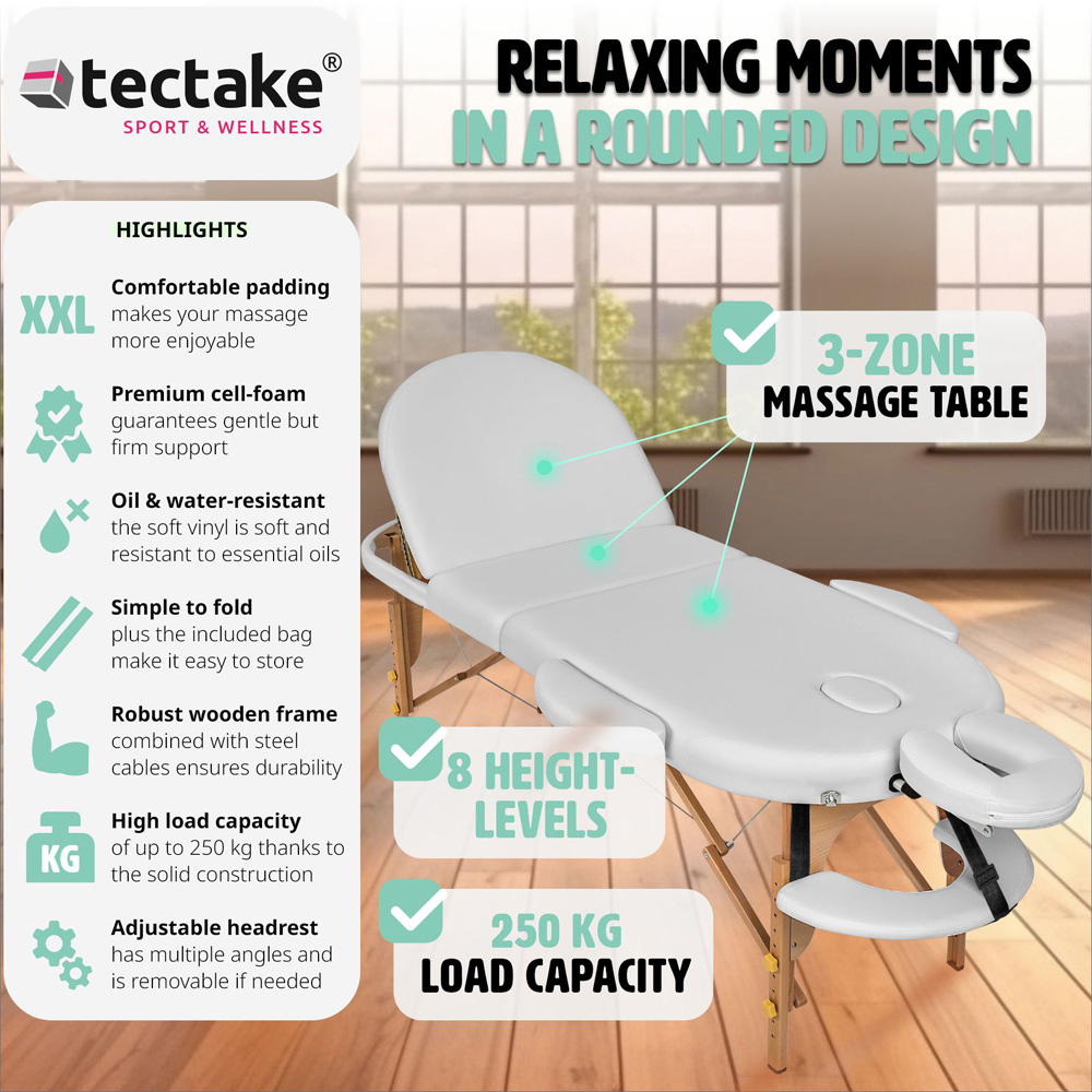 Massage Table Sawsan - oval, 3-zone bed with carry bag, head- and armrests - White Image 5