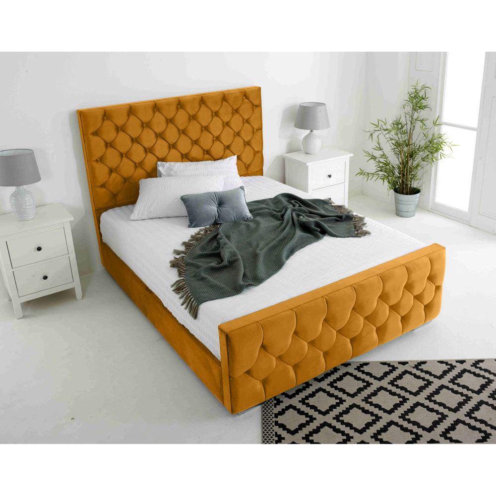 Eleganza Maya Small Double Mustard Plush Velvet Bed Frame with Chesterfield Headboard Image 3