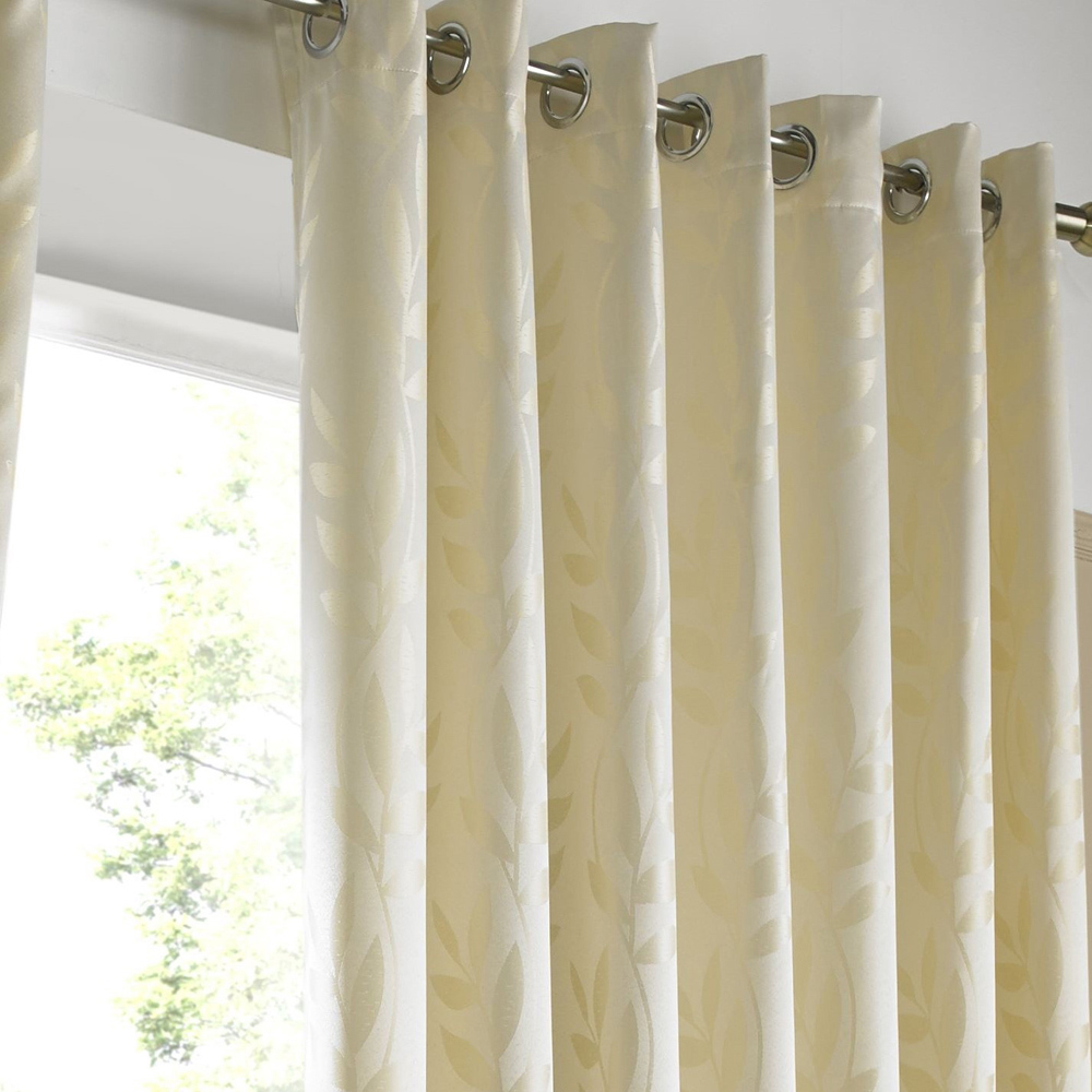 Alan Symonds Dupion Cream Leaf Jacquard Ring Top Eyelet Curtains 168 x 137cm Image 2