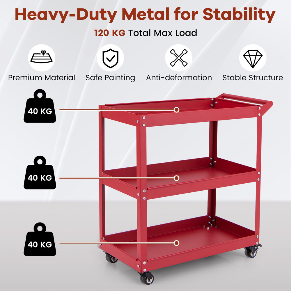 Costway 3 Shelf Red Rolling Service Trolley Image 5