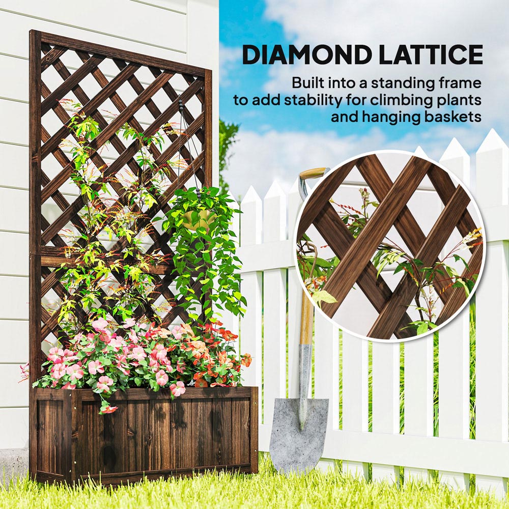 Outsunny Carbonised Wooden Raised Garden Bed Planter Box with Trellis 149.5 x 31.5 x 72.5cm Image 4