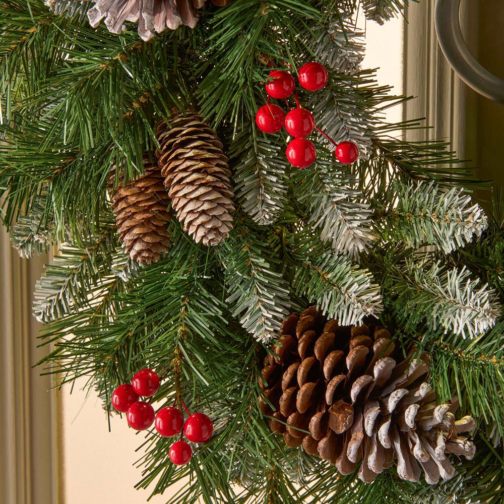 The Christmas Centre 100 Warm White LED Frosted Winterberry Wreath with Berries and Pinecones 60cm Image 3