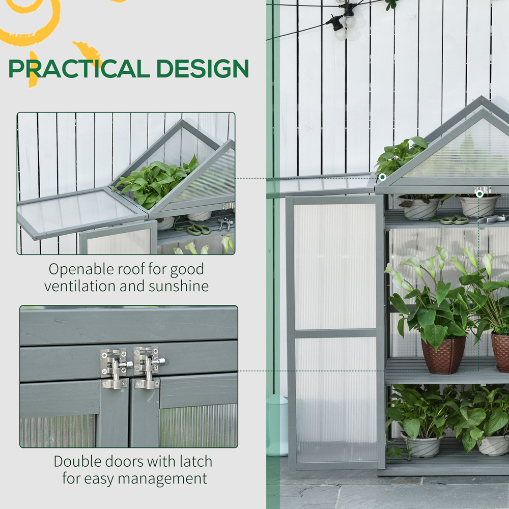 Outsunny 3 Shelf Grey Wooden Polycarbonate 2.6 x 1.5ft Cold Frame Greenhouse Image 7