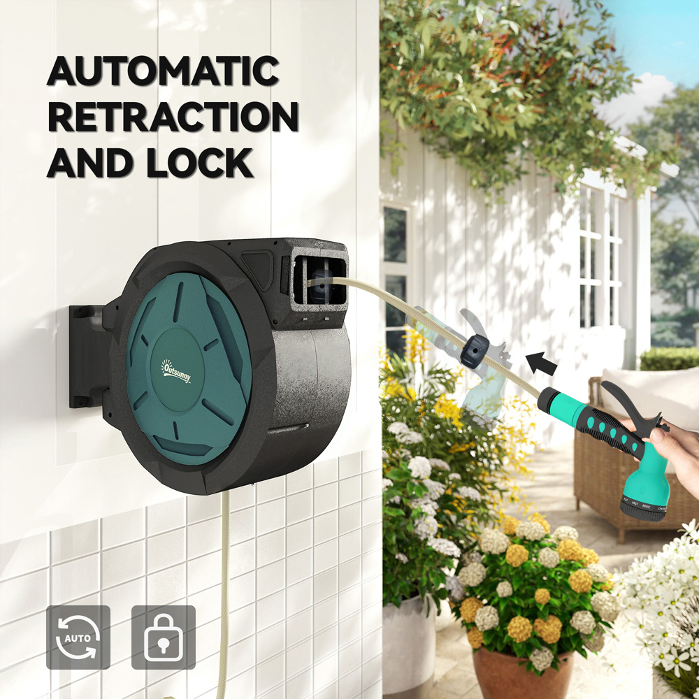 Outsunny Black Retractable Hose Reel Wall Mounted with Lock 20m Image 6