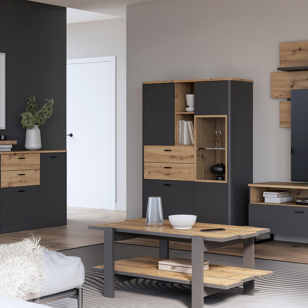 Florence Klara 3 Door 2 Drawer 2 Shelf Grey and Oak Glass Display Cabinet Image 6