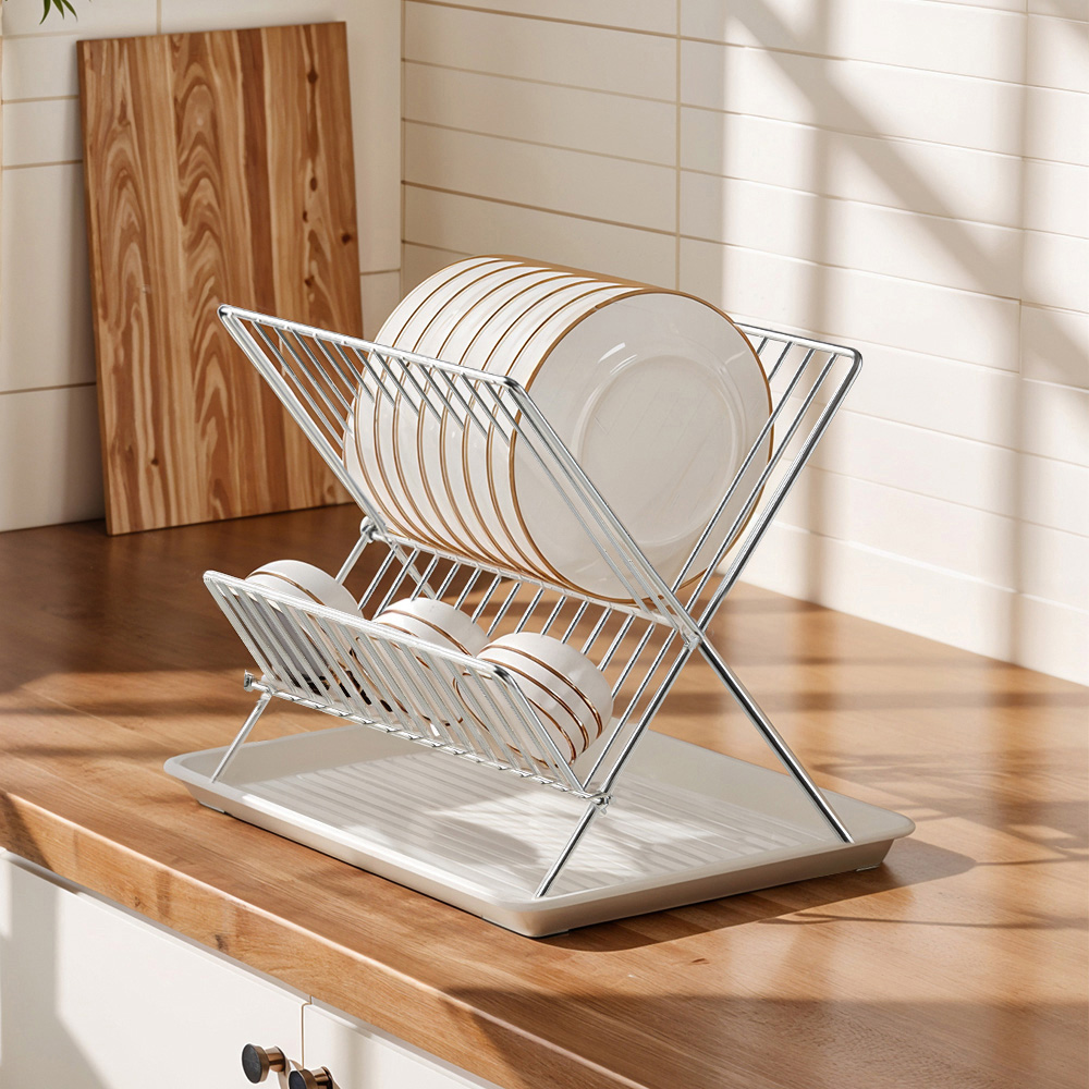 Living and Home 2 Tier Silver and White Foldable Dish Drying Rack with Drip Tray Image 7