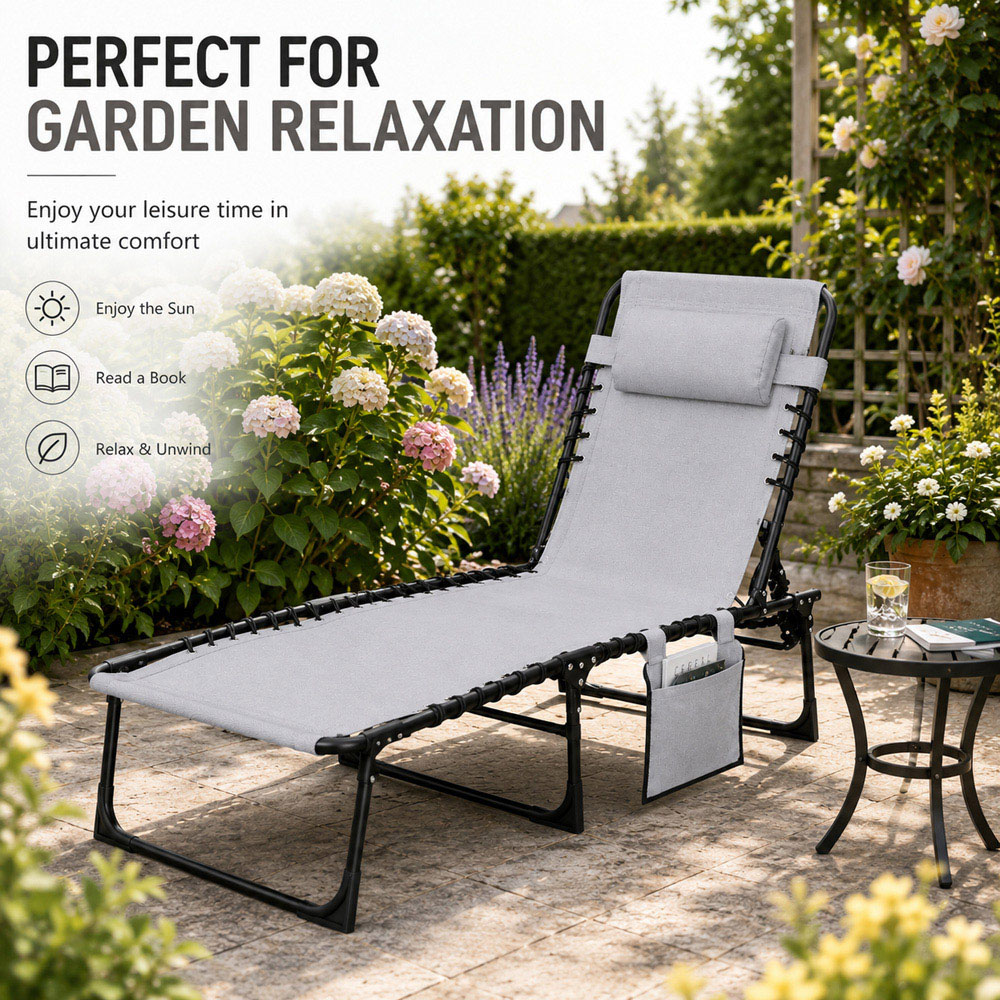 Shatchi Grey Foldable Sun Lounger with Adjustable Backrest Image 3