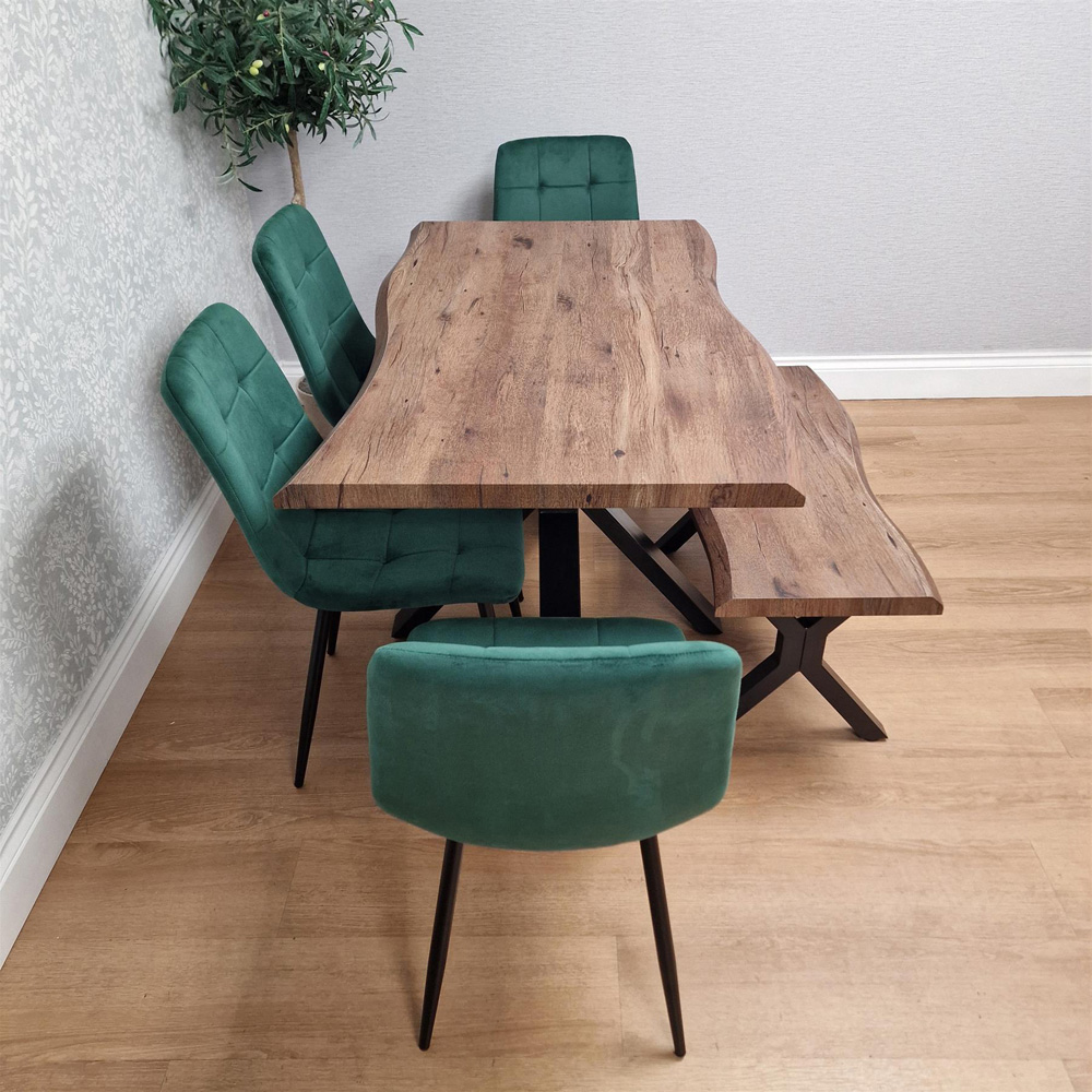 Kosy Koala 6 Seater Wooden Effect Velvet Dining Set with Bench Green Image 4