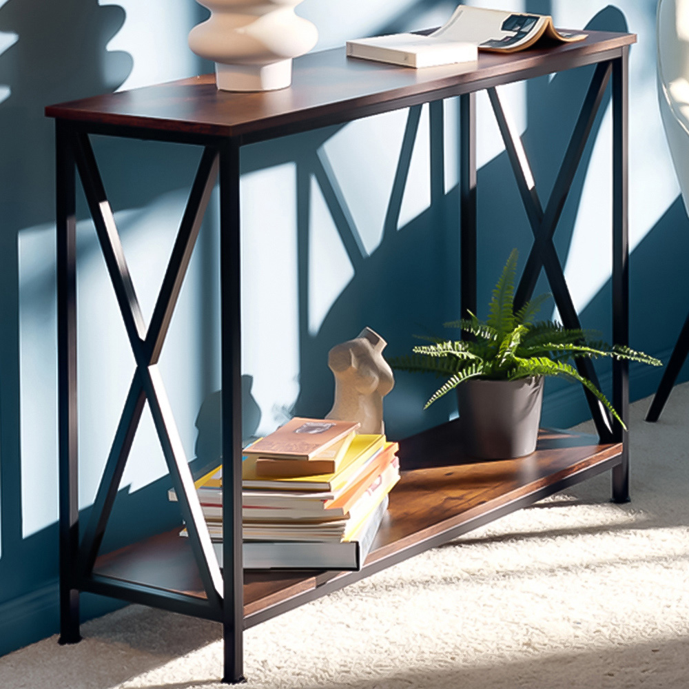tectake Tacoma Single Shelf Dark Rustic Wooden Console Table Image 1