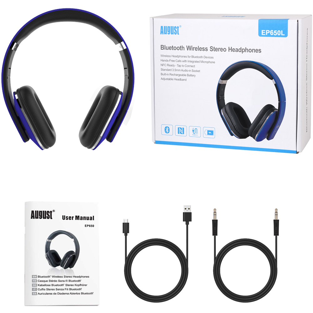 August EP650L Blue Wireless Low Latency NFC Bluetooth Headphones with Mic Image 6