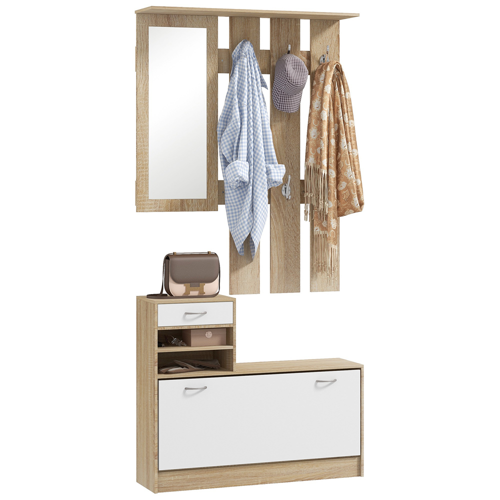 HOMCOM 2 Piece White and Natural Hallway Furniture Set with Mirror Image 2