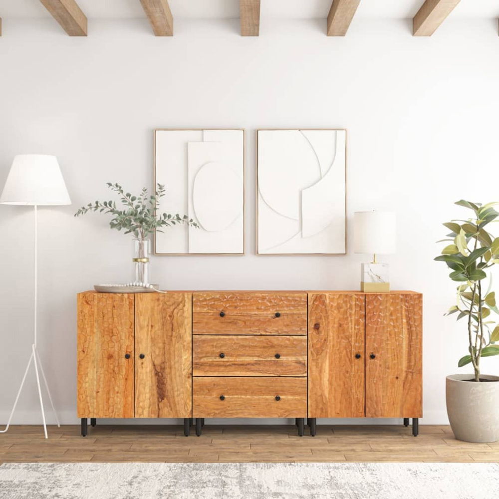 vidaXL Natural Solid Acacia Wood Side Cabinet Set of 3 Image 9