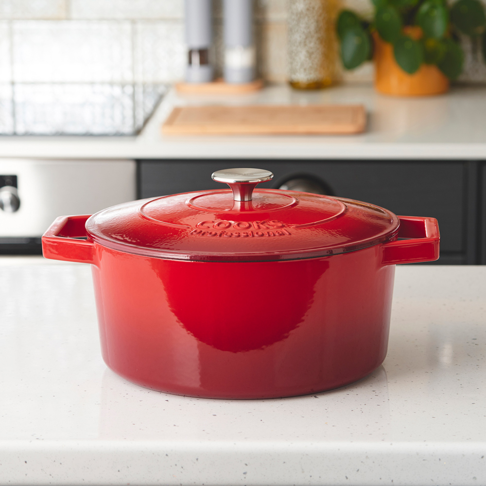 Cooks Professional 26cm Red Cast Iron Casserole Dish with Lid Image 2