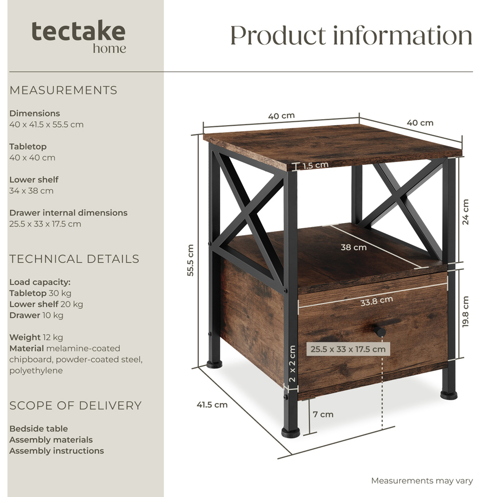 tectake Falkirk Single Drawer 2 Shelf Dark Industrial Wood Rustic Bedside Table Image 8