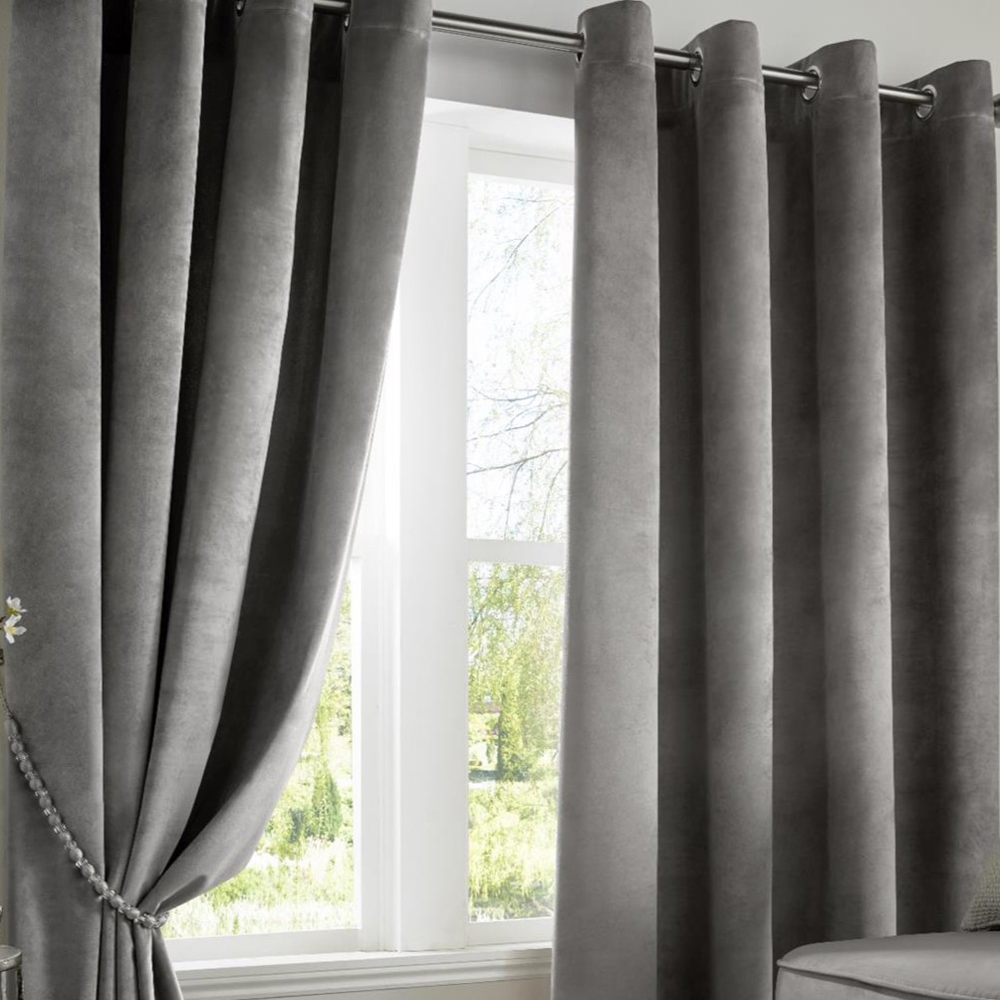 Alan Symonds Silver Velvet Blackout Ring Top Eyelet Curtains 229 x 229cm Image 2