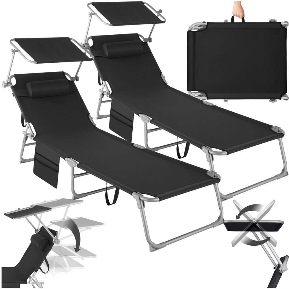 tectake Set of 2 Black Foldable Sun Loungers with Sun Canopy Image 2