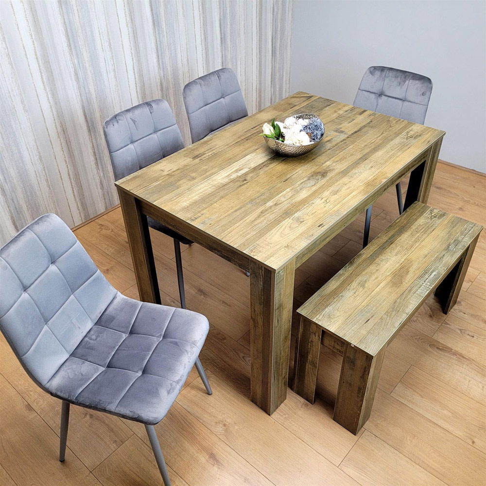 Portland 6 Seater Velvet Dining Bench Set Rustic Effect and Grey Image 2
