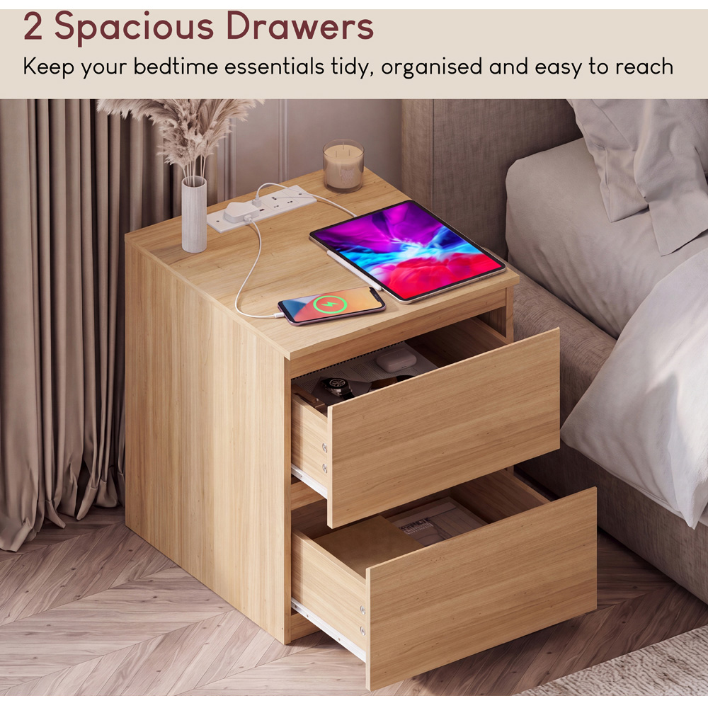 VIDA DESIGNS Denver 2 Drawer Pine Large Bedside Chest with Power Outlet Image 5
