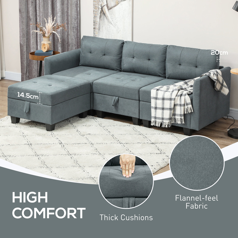 HOMCOM 3 Seater Grey Modular L Shaped Sofa with Storage Image 6