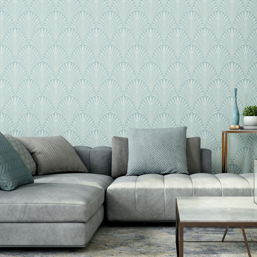 Hoopla Walls Elegance Leaf Fan Duck Egg Blue Wallpaper Image 2