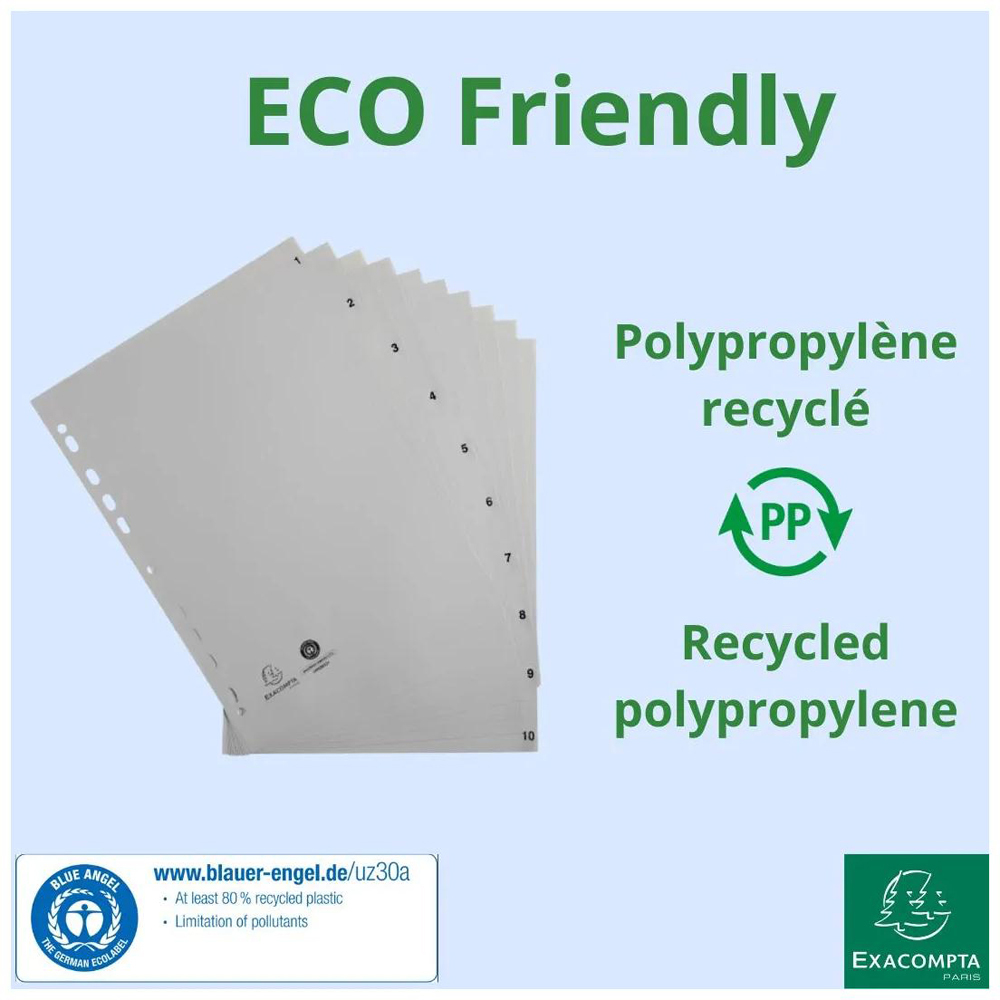 Exacompta A4 Grey Recycled Polypropylene 1-10 Divider 20 Pack Image 3