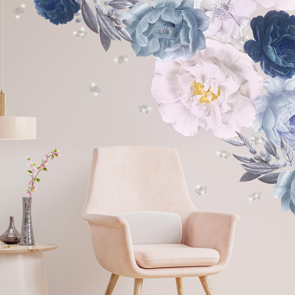 Walplus Flower Theme Peonies Blue Self Adhesive Wall Sticker with Swarovski Butterflies Image 2