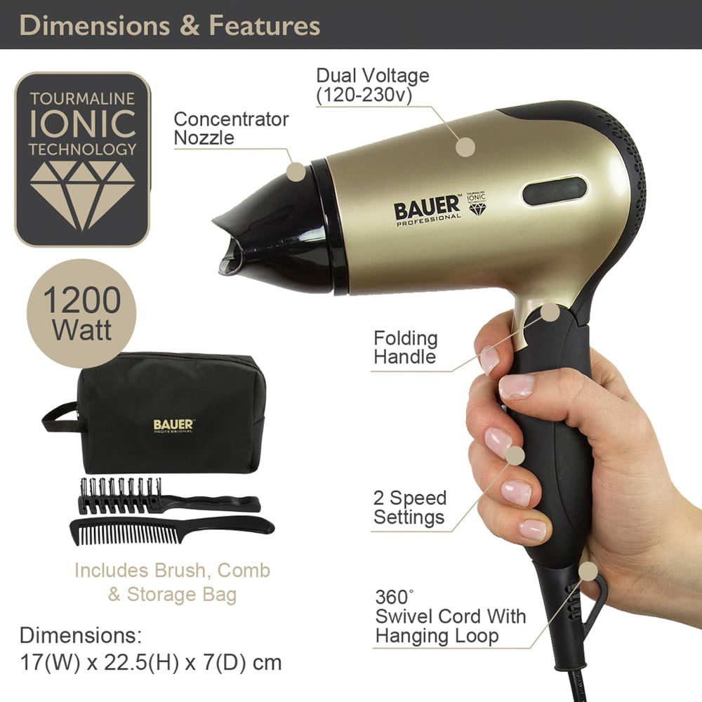 Bauer Professional Tourmaline Travel Hair Dryer Set Image 7