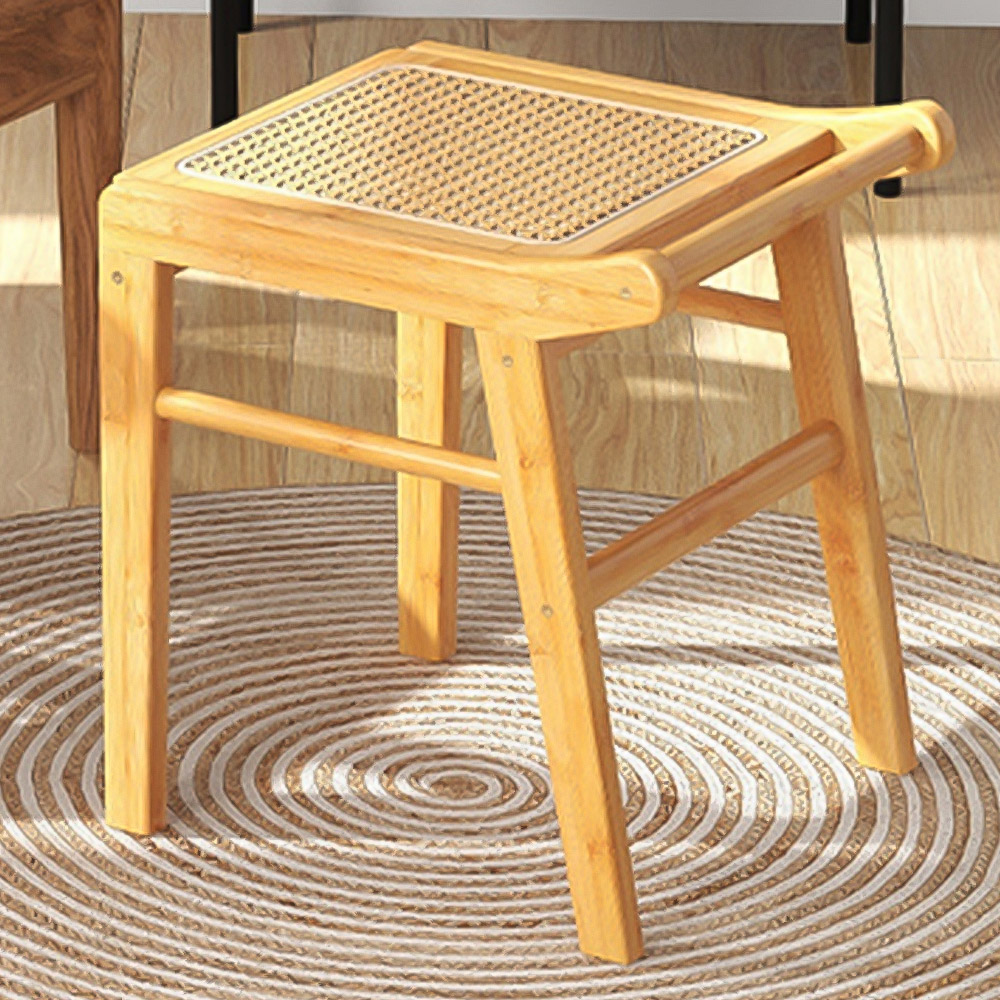 Costway Natural Rattan Top Bamboo Vanity Stool with Anti-slip Foot Pads Image 1
