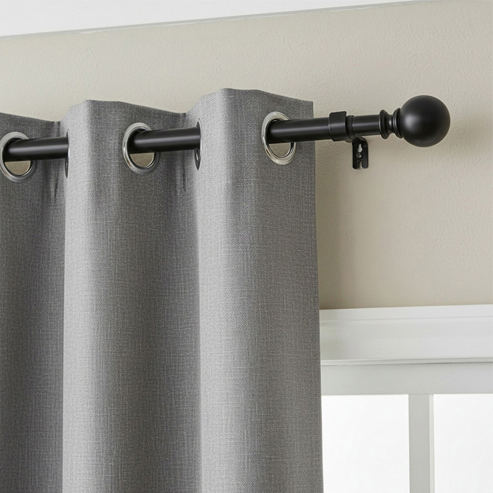 Living and Home 71-122cm Glossy Black Telescopic Curtain Pole with Brackets and Ball Finials Image 2