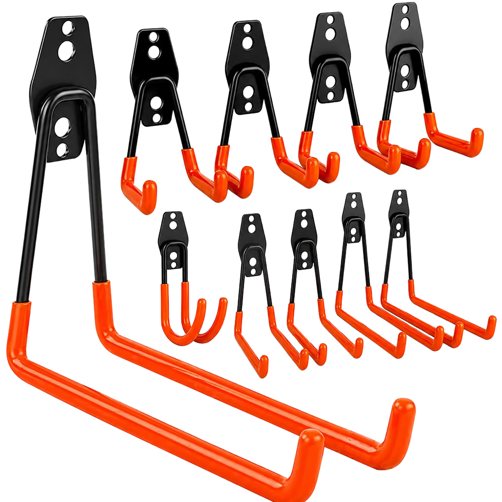 ATEK 10 Piece Orange and Black Steel Double Utility Garage Wall Storage Hook Set Image 1