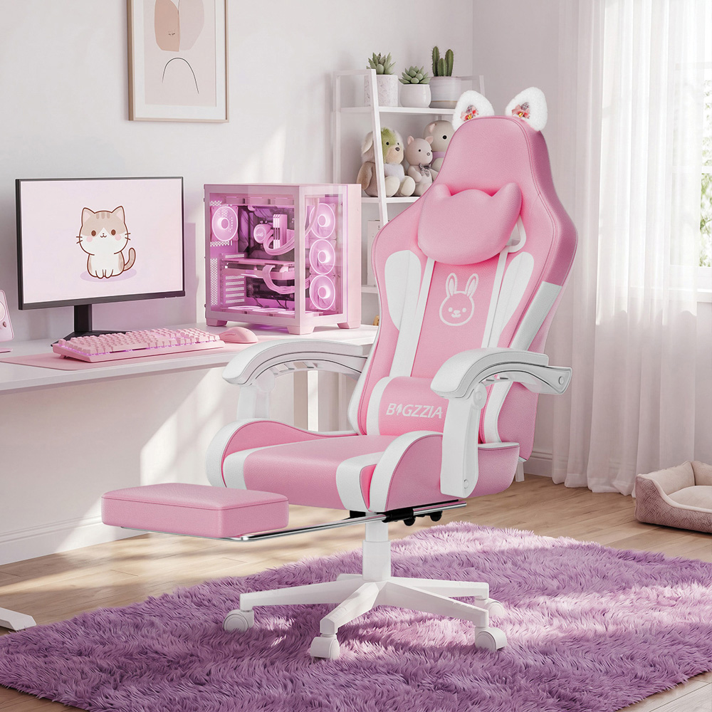 Rattrix Pink Cat Ears Gaming Chair with Massage Lumbar Support and Footrest Image 3