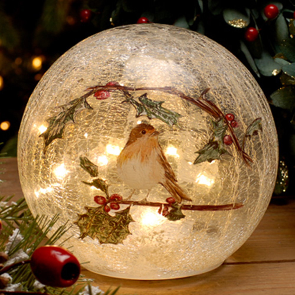 Festive 12 Warm White LED Crackle Effect Traditional Robin Ball Christmas Decoration 15cm Image 1