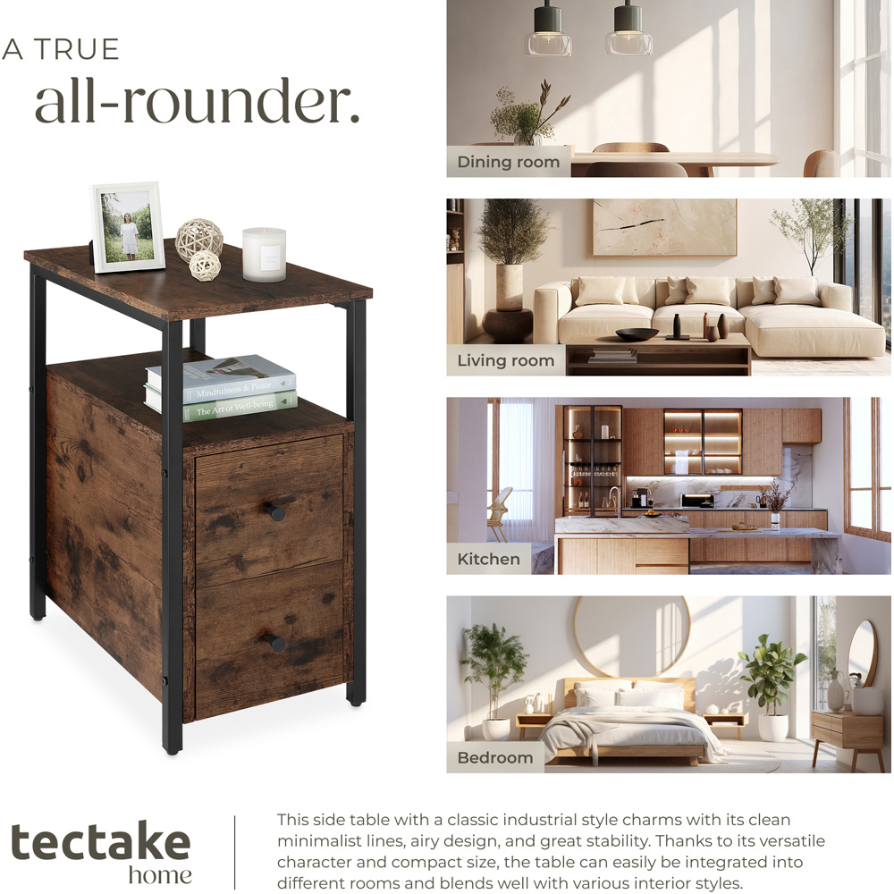 tectake Tullamore 2 Drawer Dark Industrial Wood Rustic Bedside Table Image 7