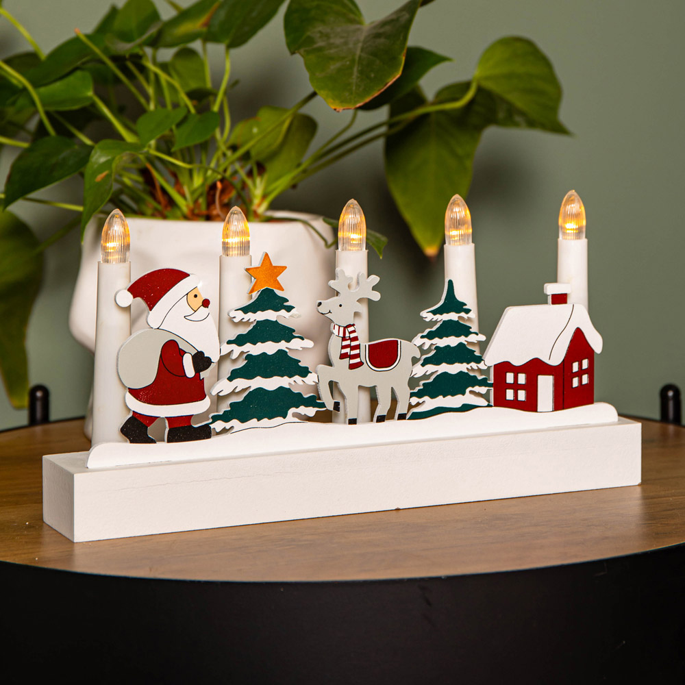 Samuel Alexander Light Up White Wooden Christmas Candle Bridge with Santa Scene Image 1