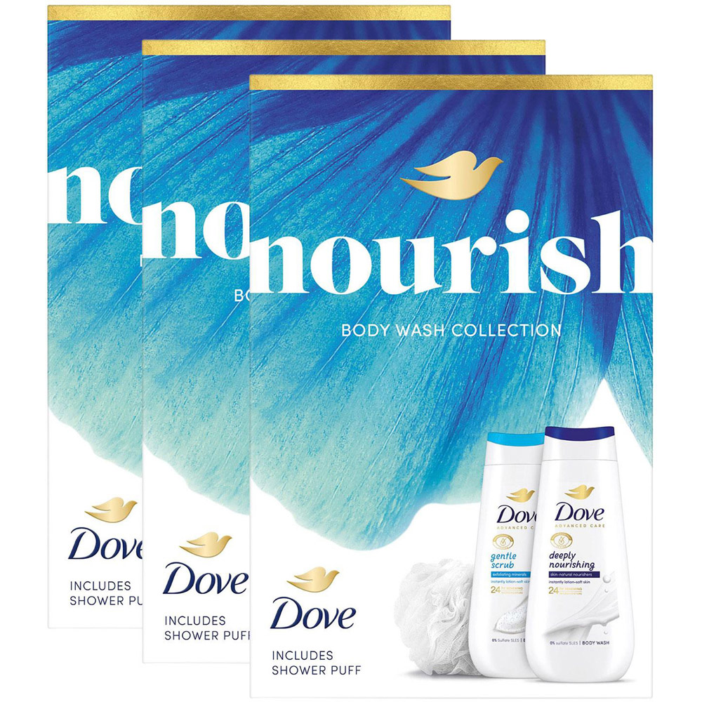 Dove Nourish Gentle Scrub and Deeply Nourishing Bodywash Duo Gift Set 225ml 3 Pack Image 1