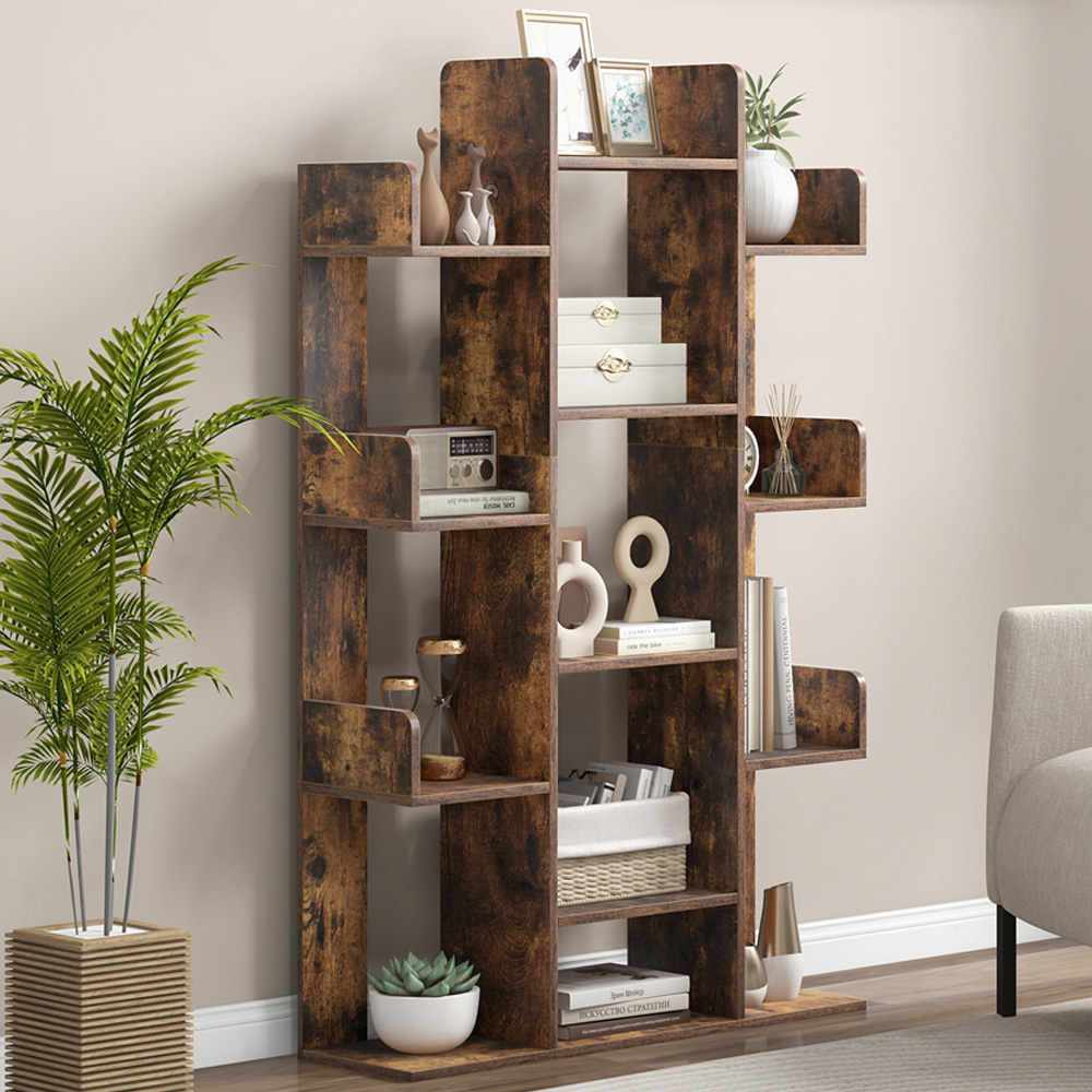 Costway 13 Shelf Rustic Brown Tree Bookcase Image 1