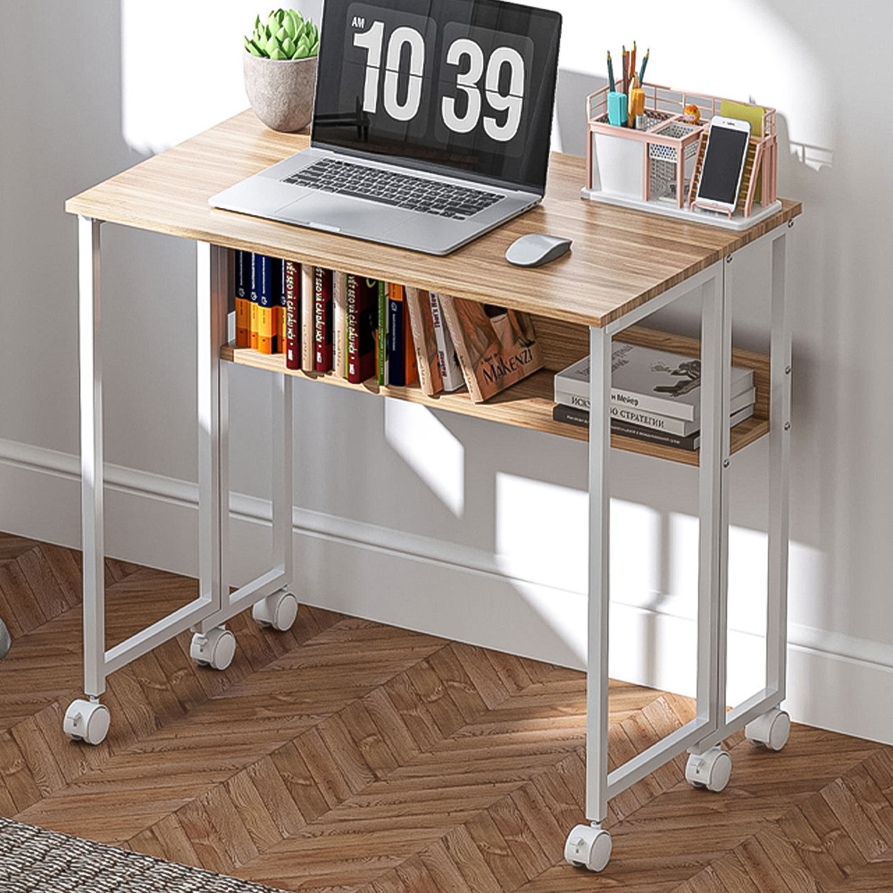 HOMCOM Single Shelf Foldable Computer Desk with Wheels and Side Bag Natural Image 1