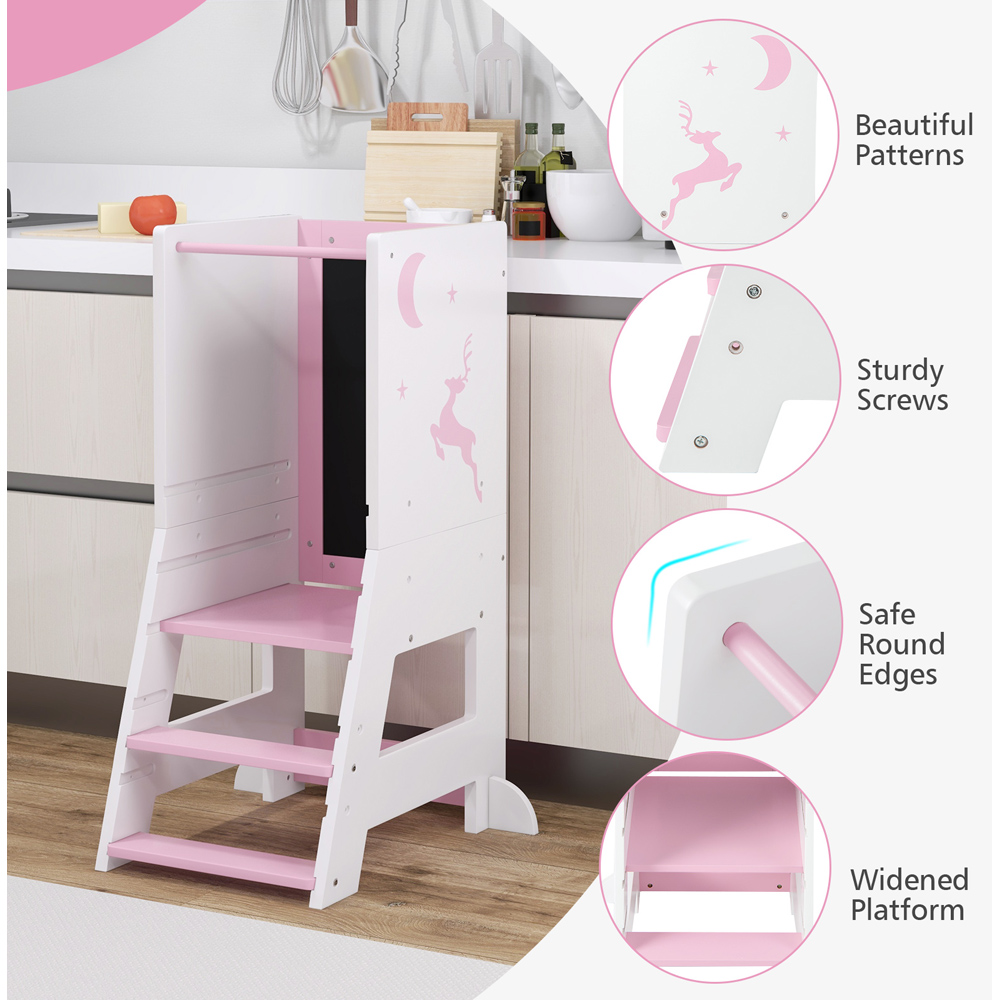 Costway Pink Toddler Kitchen Stool with Chalkboard and Whiteboard Image 4