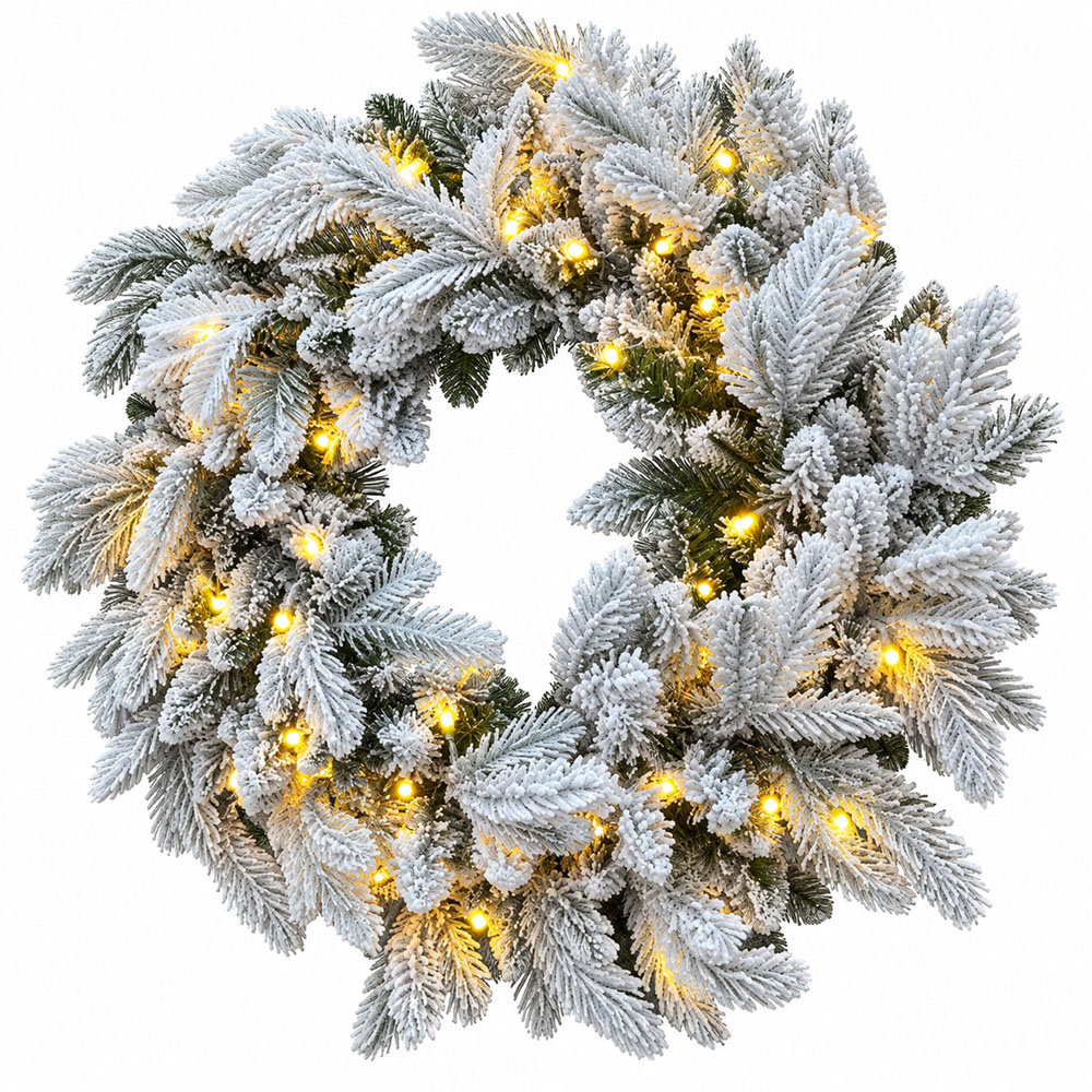 Neo Warm White LED Pre-Lit Artificial Snow-Flocked Christmas Wreath 50cm Image 1