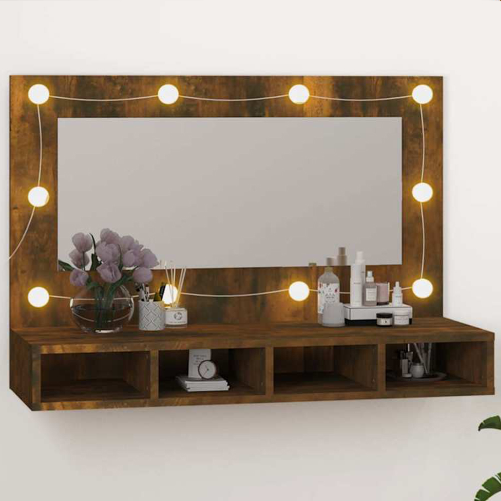 vidaXL 4 Open Shelf Smoked Oak LED Mirror Bathroom Cabinet Image 1
