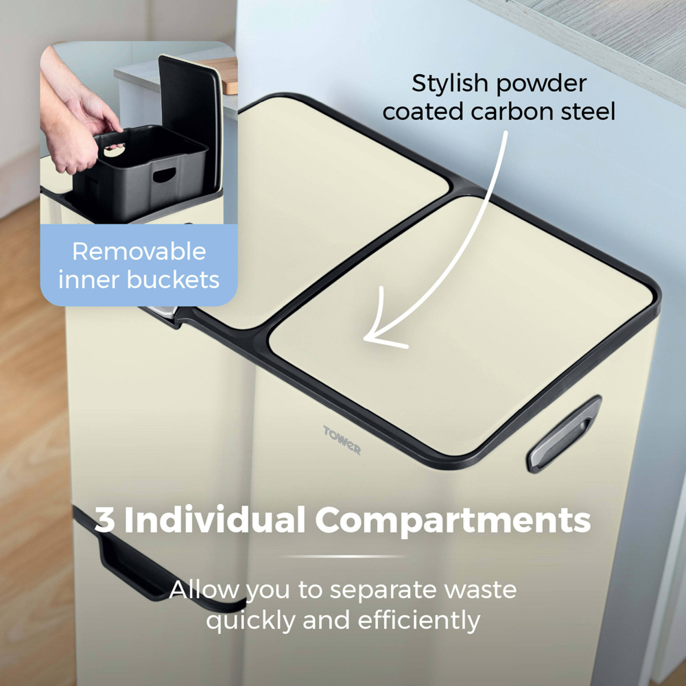Tower Cream Carbon Steel Triple Recycling Pedal Bin 60L Image 6