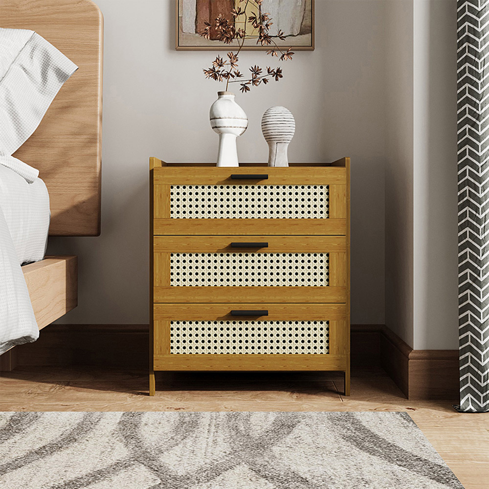 Living and Home 3 Drawer Tawny Rattan Bedside Table Image 7