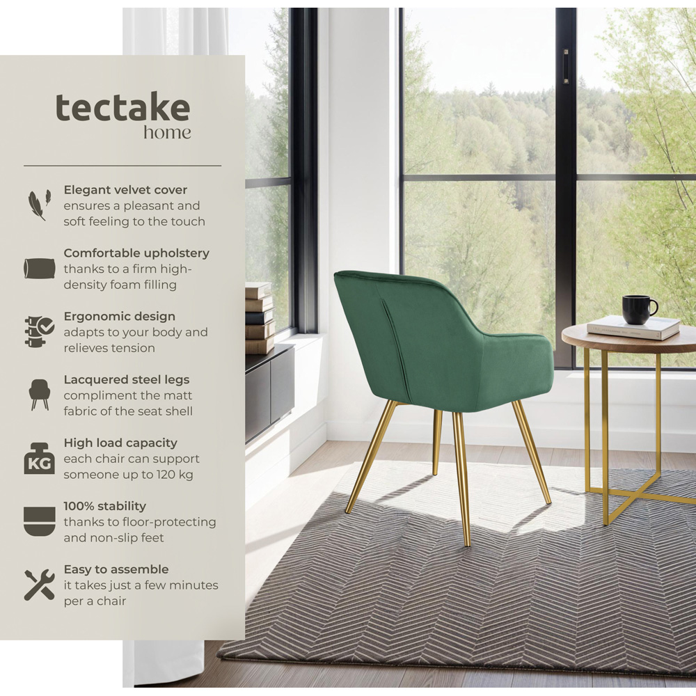 tectake Marilyn Set of 4 Dark Green and Gold Velvet Look Padded Accent Chairs Image 3