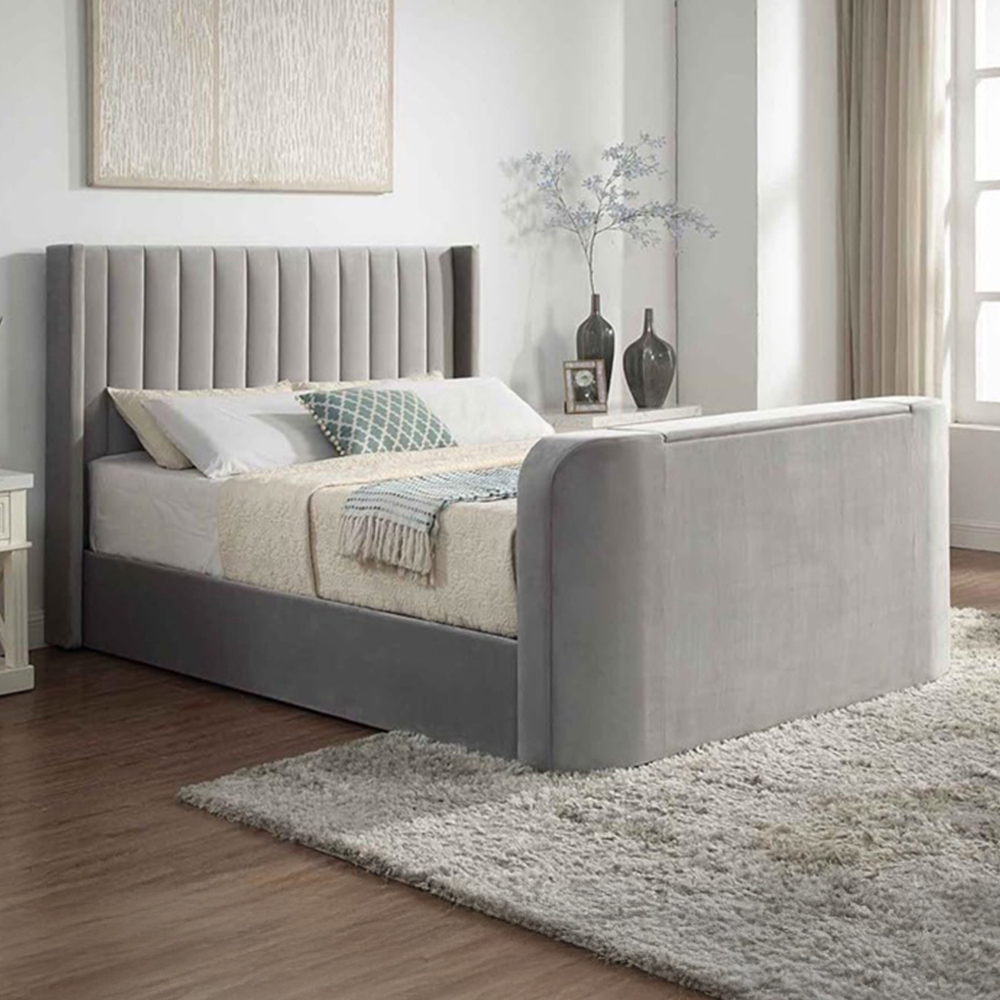 Home Treats Double Grey Velvet Ottoman TV Bed Image 1