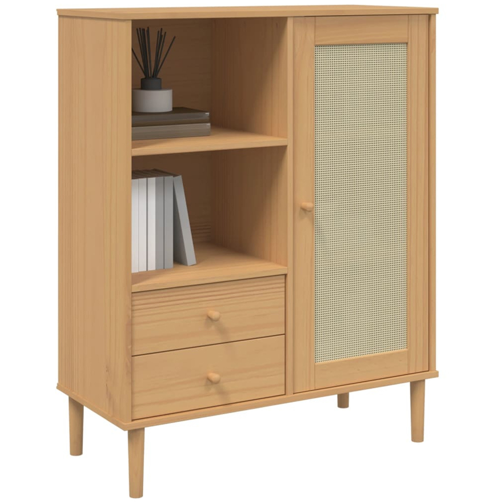 vidaXL Senja Single Door 2 Drawer 2 Shelf Brown Solid Pine Wood Rattan Look Highboard Image 3