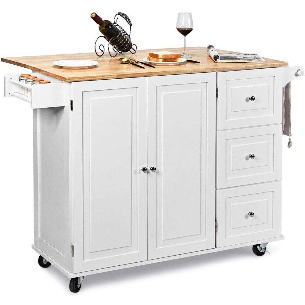 Costway 3 Drawer and 2 Door White Kitchen Island Cart on Wheels Image 1