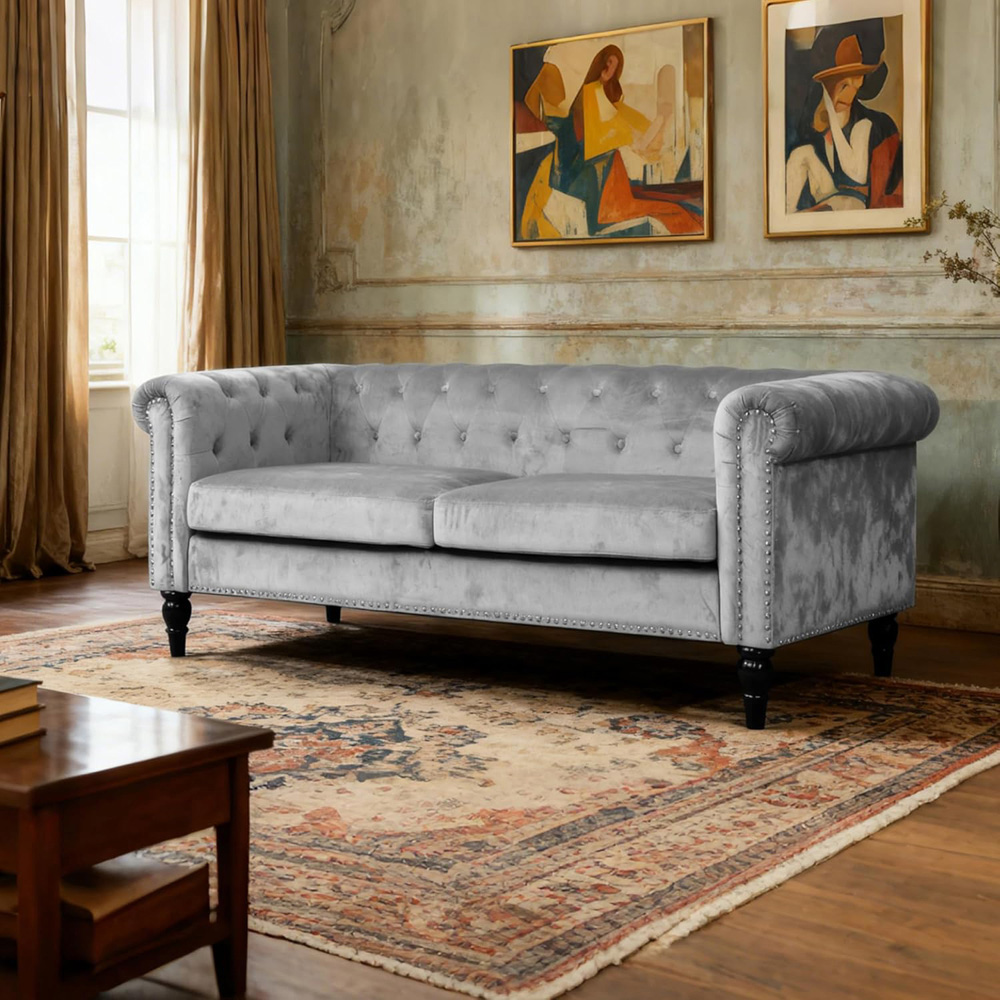 Alivio 2 Seater Grey Solid Wood Nailhead Trim Button Tufted Sofa Image 3